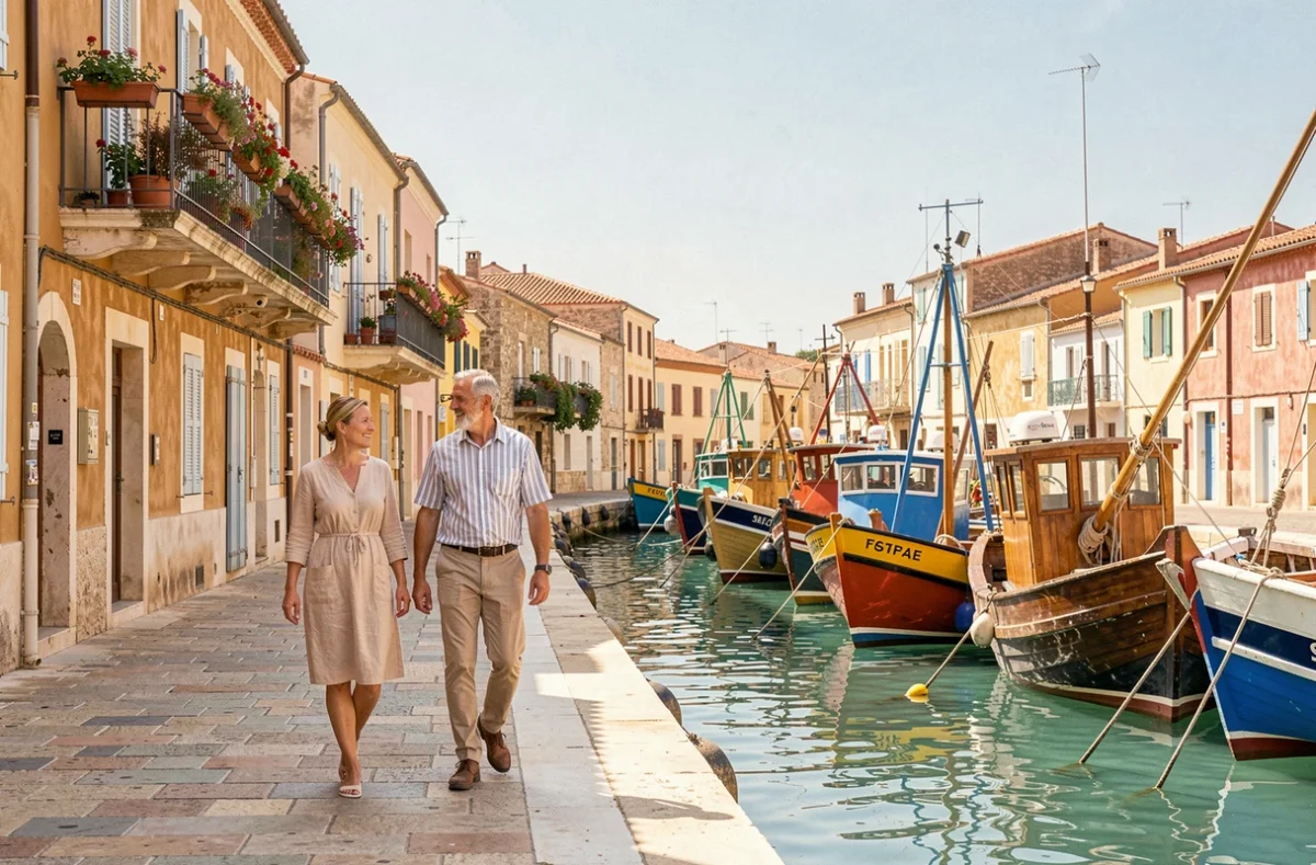 Couple se promenant sur les quais pittoresques de Sète, ville où est tournée la série Demain nous appartient