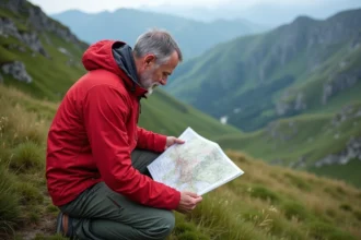 Homme en veste rouge étudiant une carte en montagne
