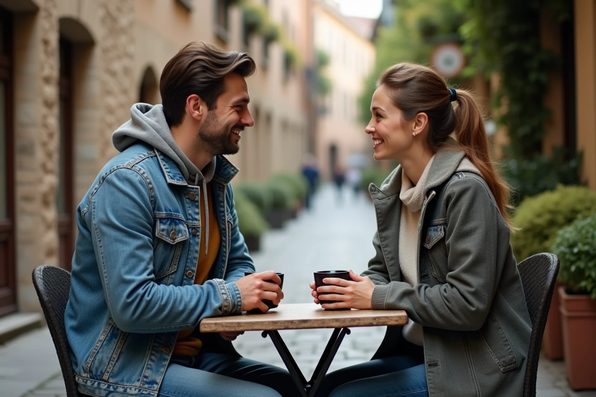 Homme et femme en connexion intense autour d'un café en terrasse urbaine, symbolisant la rencontre et la reconnaissance entre flammes jumelles