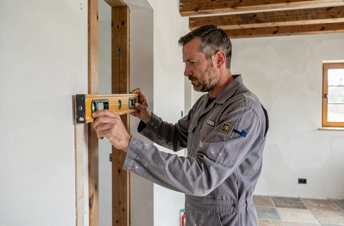 Technicien de Rénov'Home posant un cadre de porte neuf dans une maison en rénovation à Saint-Pierre-d'Irube