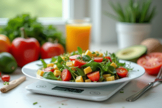 Repas sain sur assiette blanche avec légumes frais et balance