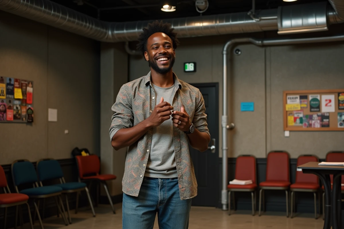 Comédien noir en répétition dans les coulisses