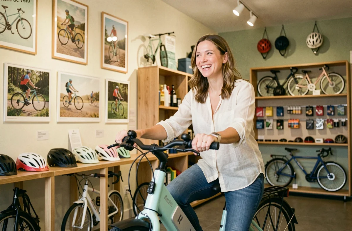 Cliente souriante essayant un vélo électrique urbain coloré chez Rêve de Vélo