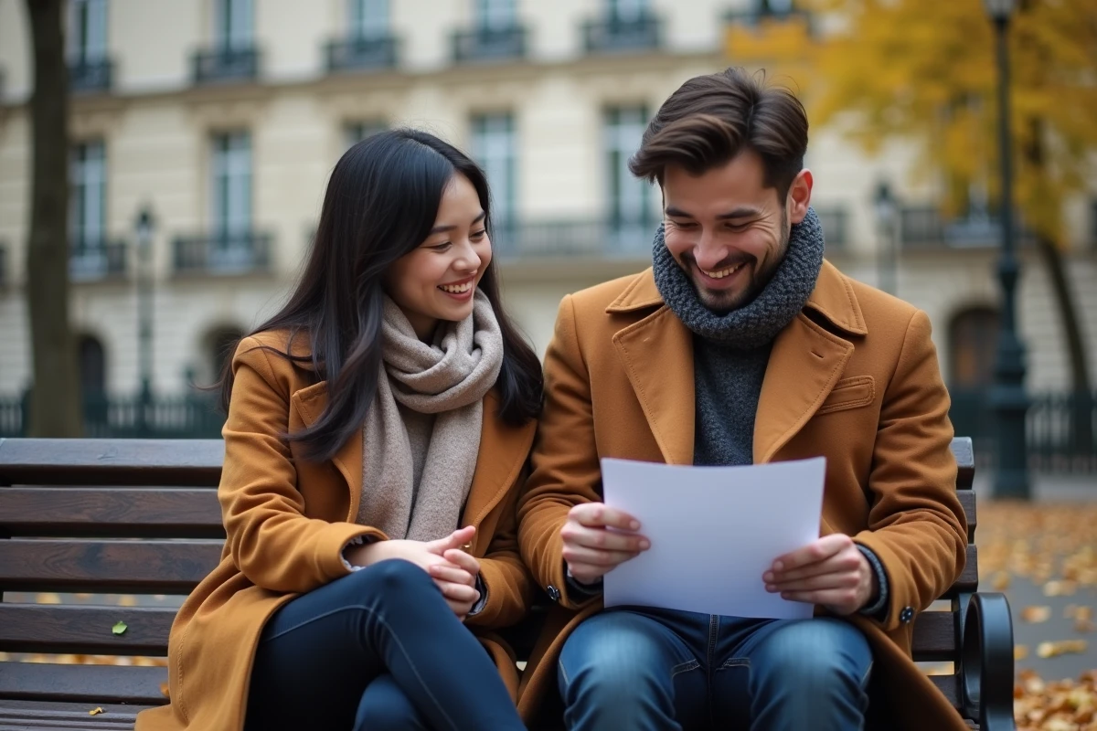 Deux personnes révisant ensemble les questions d'entretien de naturalisation française dans un parc urbain en automne