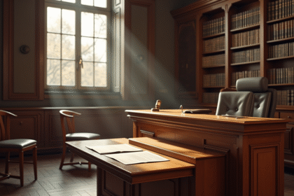 Salle de justice moderne en France avec bureau et livres juridiques