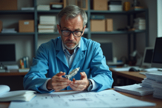 Scientifique en laboratoire regardant un modèle de vaisseau spatial