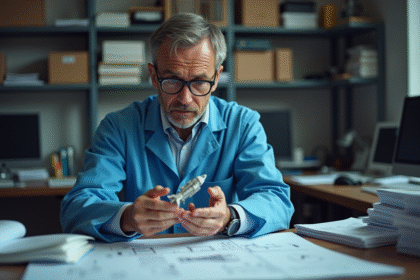 Scientifique en laboratoire regardant un modèle de vaisseau spatial