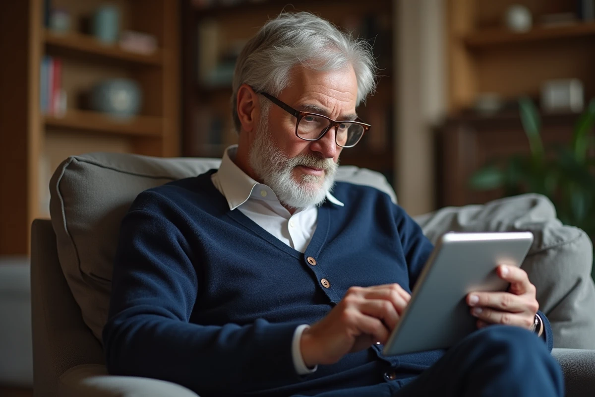 Senior consultant les solutions de blocage d'appels indésirables en 0568 sur une tablette dans son salon