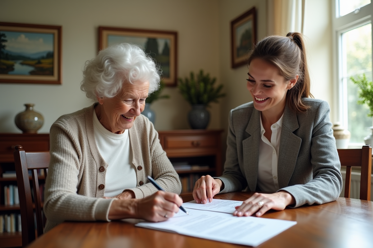 Femme âgée signant un contrat immobilier dans sa maison