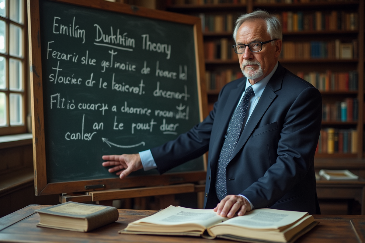 Sociologue en étude avec tableau et livres