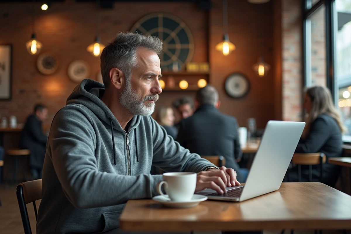 Homme consultant des graphiques de cotes sur un ordinateur portable dans un café moderne