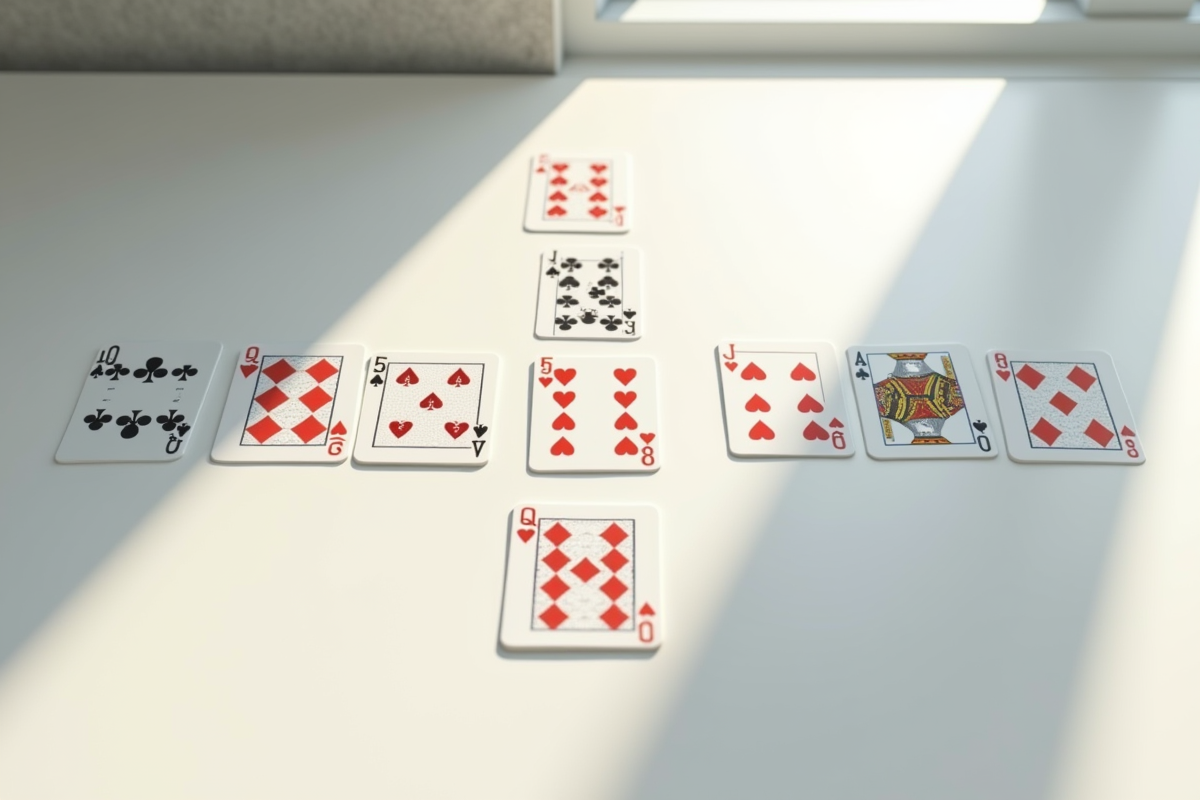 Disposition organisée du jeu de solitaire sur une table blanche