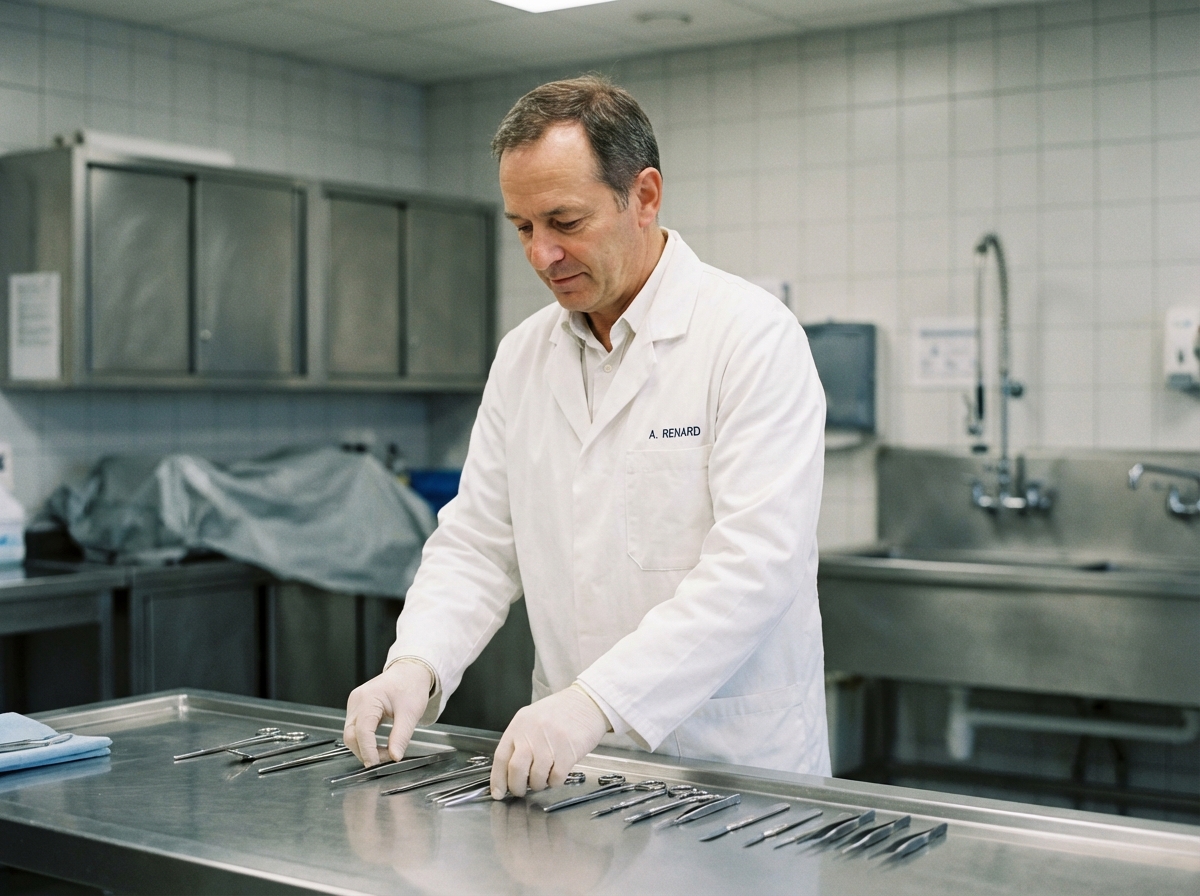 Thanatopracteur en blanc arrangeant ses outils