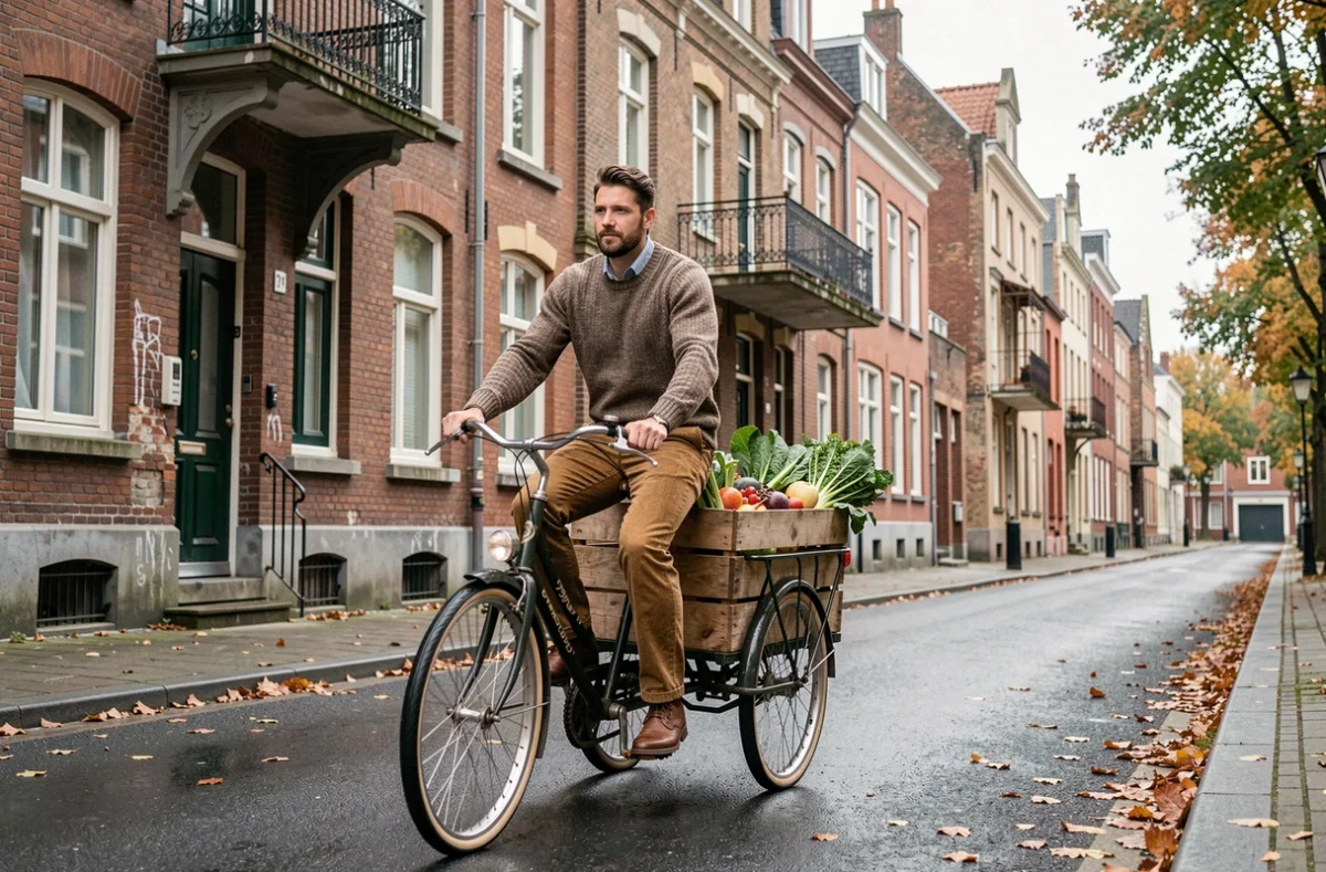 Homme à vélo cargo transportant des produits locaux dans les rues de Lille pour un mode de vie écologique