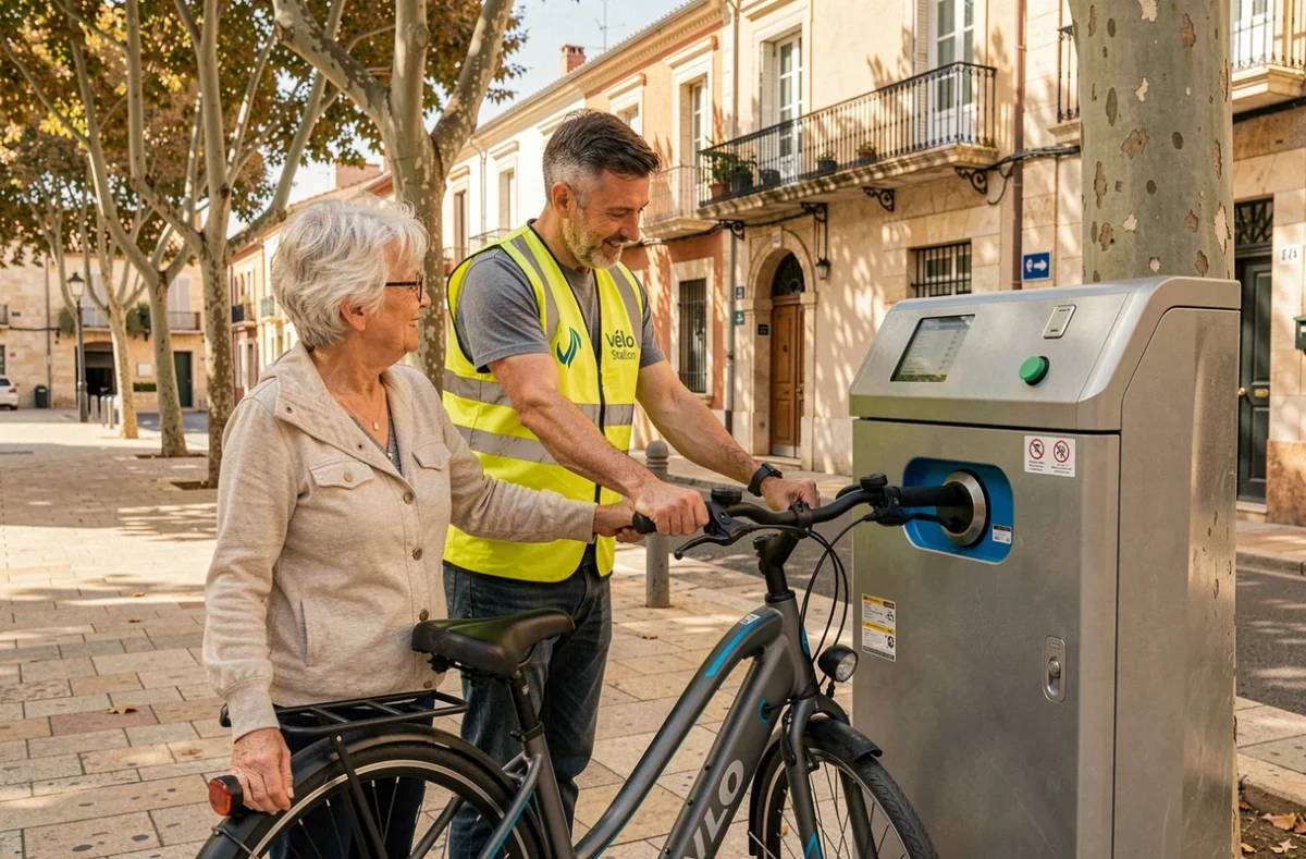 Agent de Vélo Station aidant une usagère à utiliser une borne de vélo électrique en libre-service