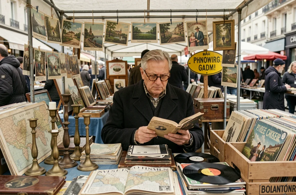 Vendeur de brocante lisant un livre derrière son étal d'objets vintage au marché aux puces de la Porte de Vanves