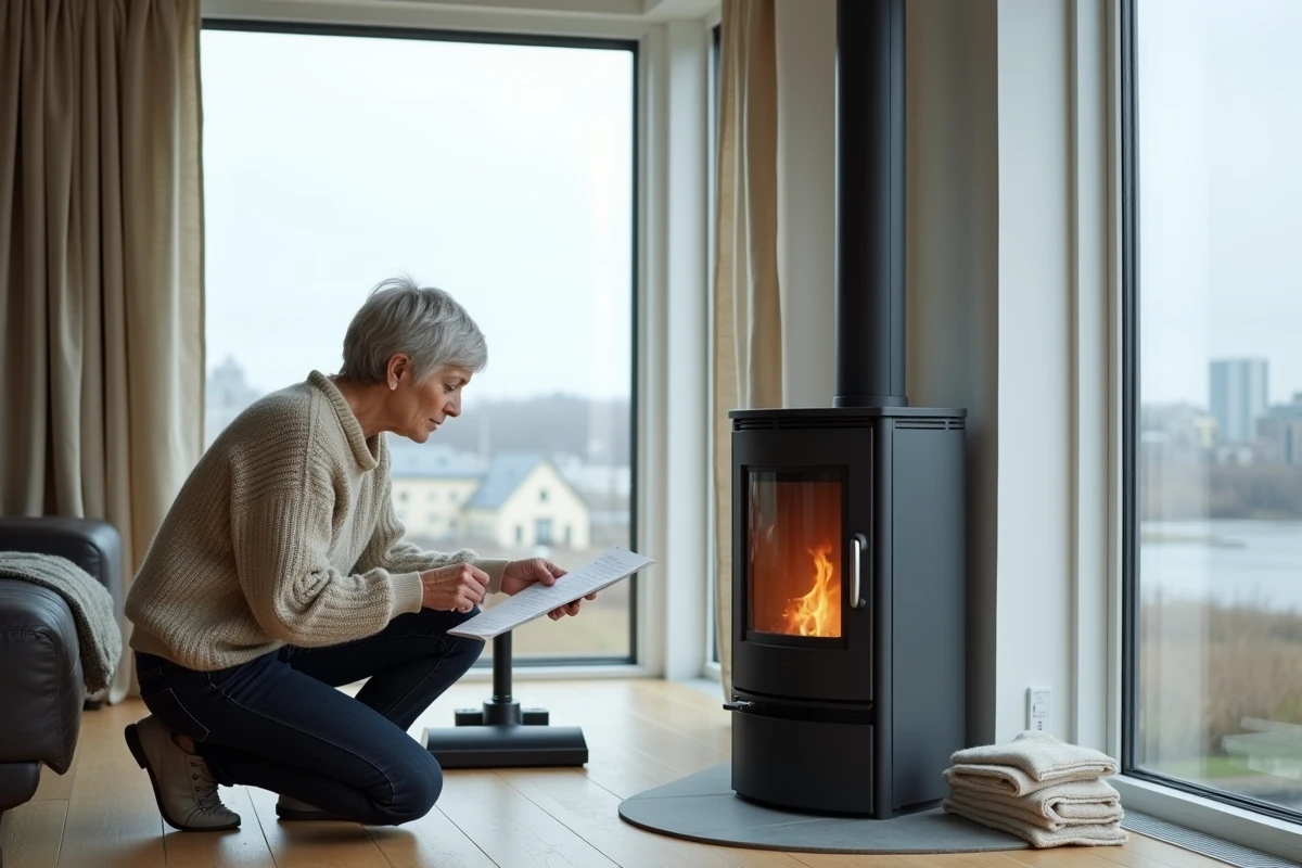Femme vérifiant son poêle à granulés dans un appartement du Havre avec vue sur le ciel côtier avant l'hiver