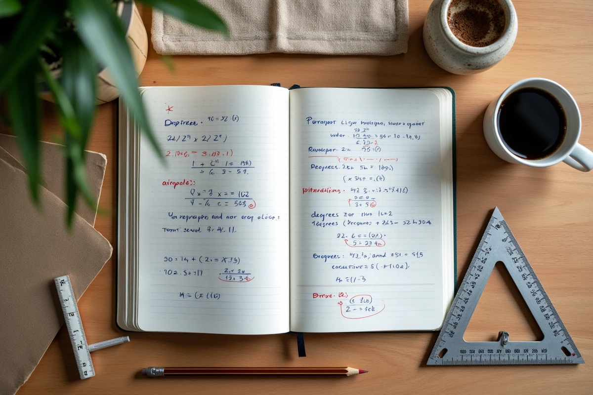 Vue aérienne d'un bureau avec rapporteur, cahier de calculs et corrections d'erreurs de conversion degrés en pourcentage