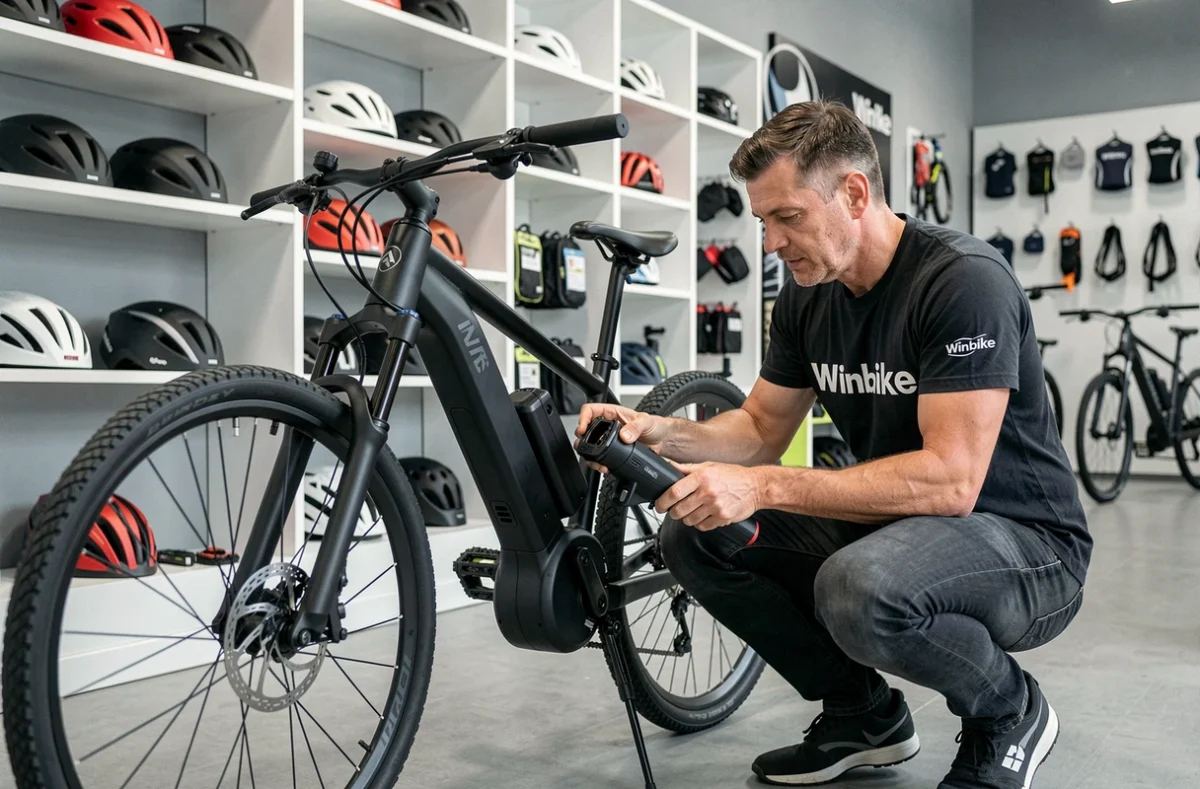 Employé de Winbike montrant le retrait de la batterie d'un vélo électrique en magasin